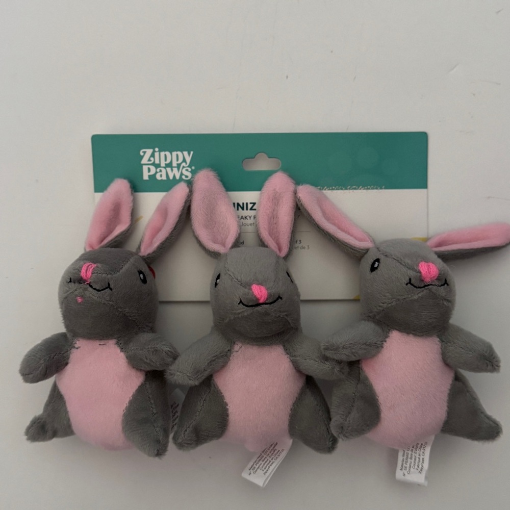 NEW Dog Toys Miniz Gray & Pink Bunny Trio Plush | Zippy Paws